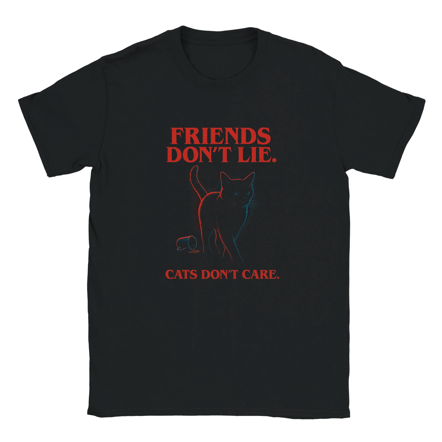 LazyWhiskers “Friends Don’t Lie. Cats Don’t Care” black t-shirt — red retro lettering with minimalist cat graphic, sarcastic limited edition tee.