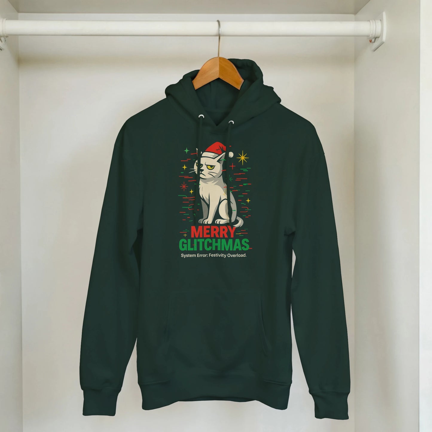 Merry Glitchmas hoodie on hanger. Dark green sweatshirt with sarcastic Christmas cat design.