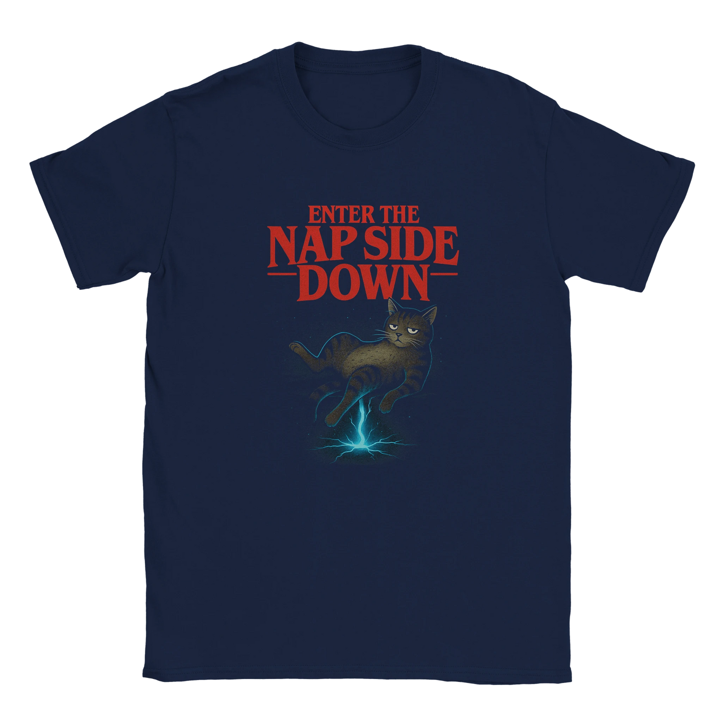 LazyWhiskers “Enter the Nap Side Down” navy t-shirt — limited edition cat graphic tee with glowing portal and bold red title, retro aesthetic streetwear.