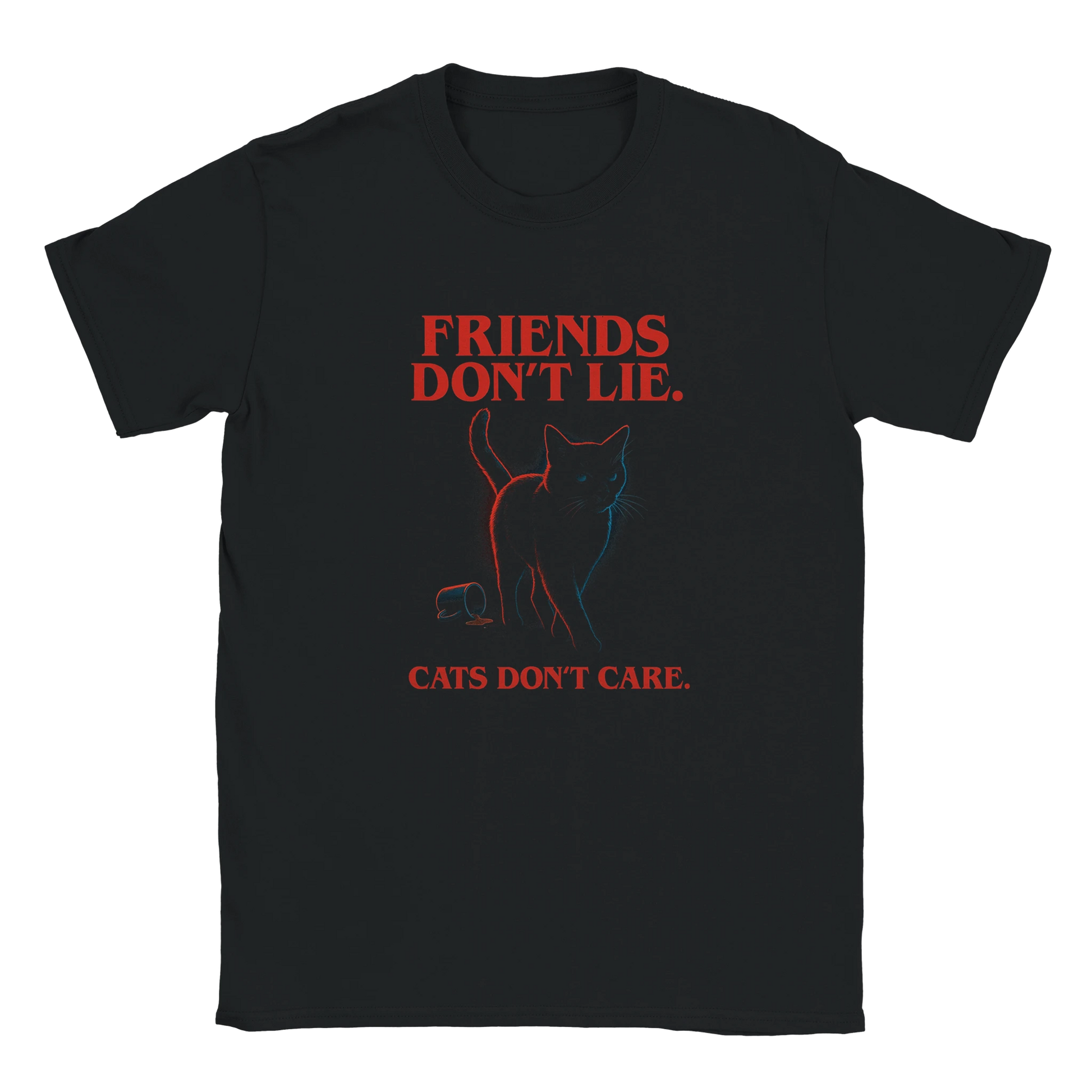 LazyWhiskers “Friends Don’t Lie. Cats Don’t Care” black t-shirt — red retro lettering with minimalist cat graphic, sarcastic limited edition tee.