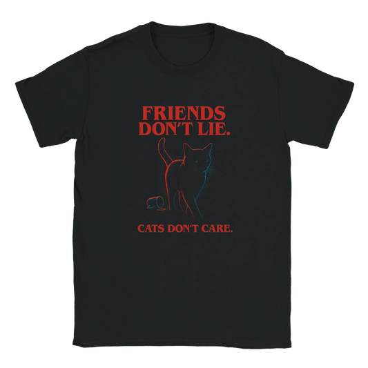 LazyWhiskers “Friends Don’t Lie. Cats Don’t Care” black t-shirt — red retro lettering with minimalist cat graphic, sarcastic limited edition tee.