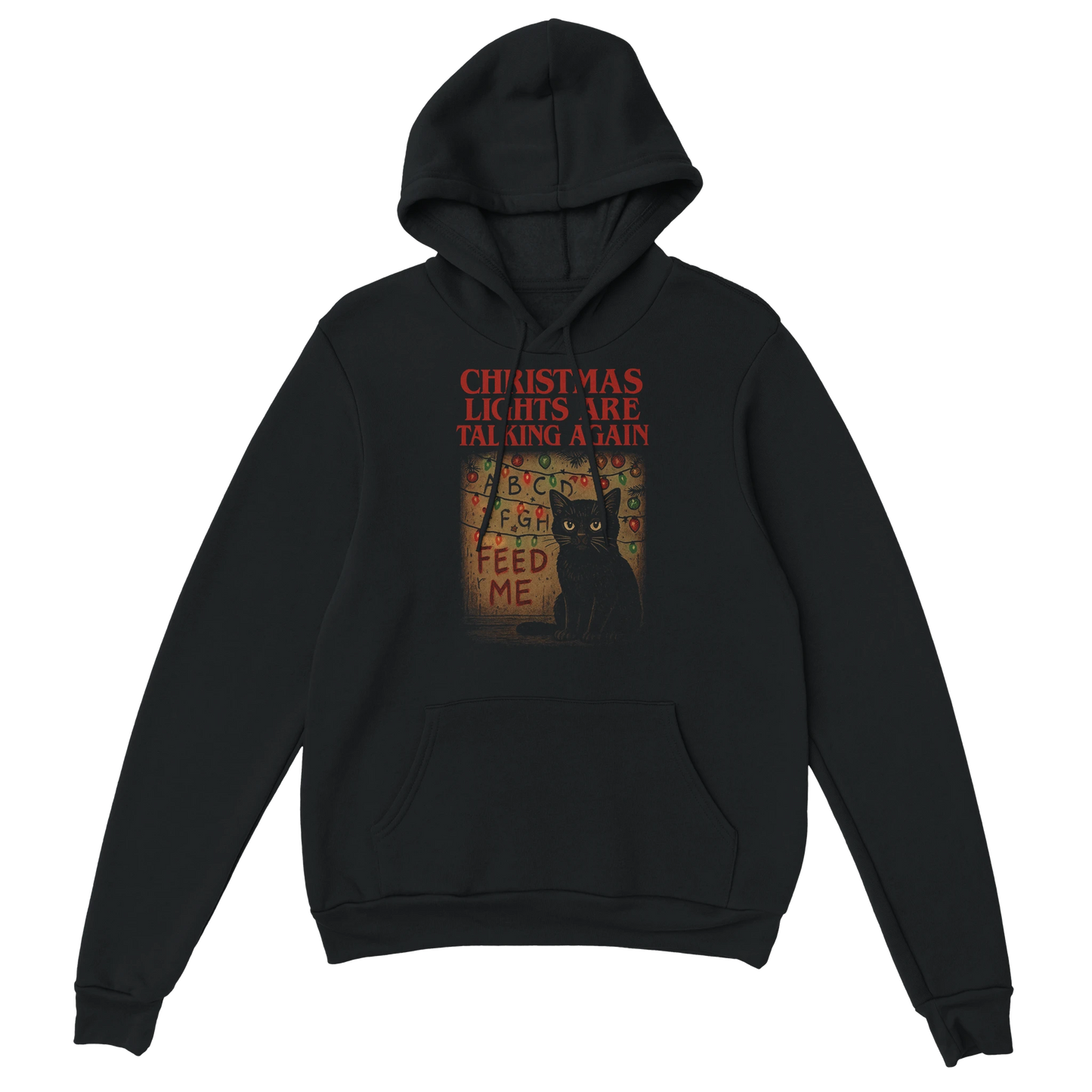 Black hoodie with a black cat surrounded by tangled Christmas lights and the text "Christmas Lights Are Talking Again". Sarcastic holiday streetwear.