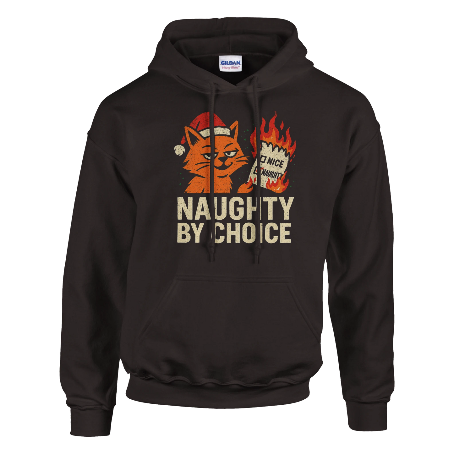 Brown hoodie featuring a playful orange cat with "Naughty By Choice" text. Cozy sarcastic Christmas design.