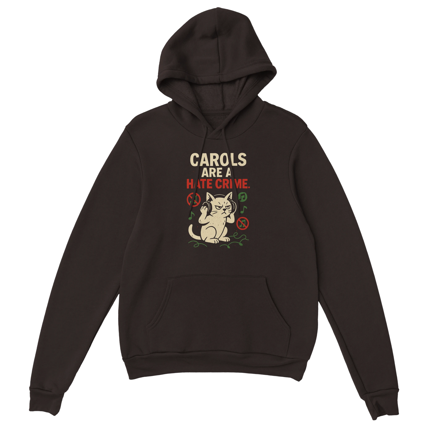 Brown hoodie featuring an annoyed holiday cat illustration and ironic Christmas slogan. Cozy LazyWhiskers hoodie.