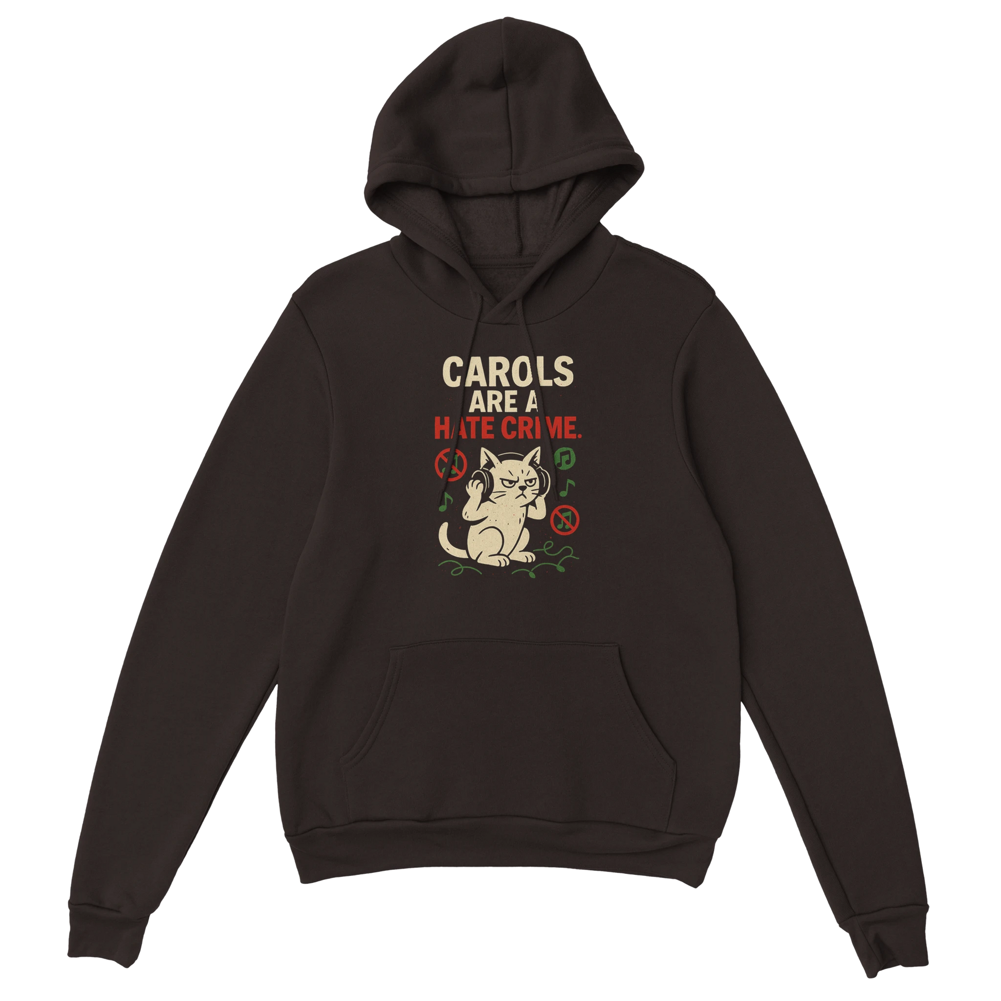 Brown hoodie featuring an annoyed holiday cat illustration and ironic Christmas slogan. Cozy LazyWhiskers hoodie.
