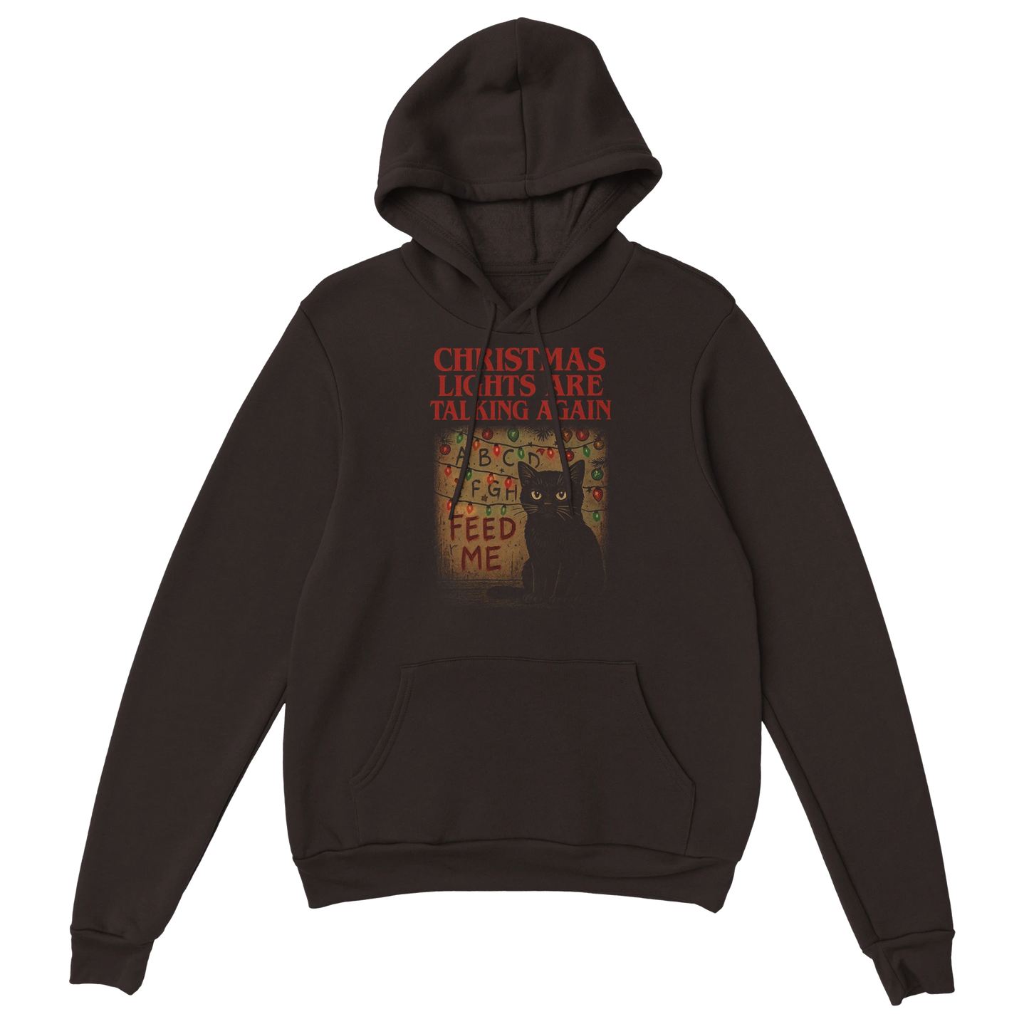 Brown hoodie featuring a black cat tangled in festive lights with the phrase "Christmas Lights Are Talking Again". Dark humor holiday design.