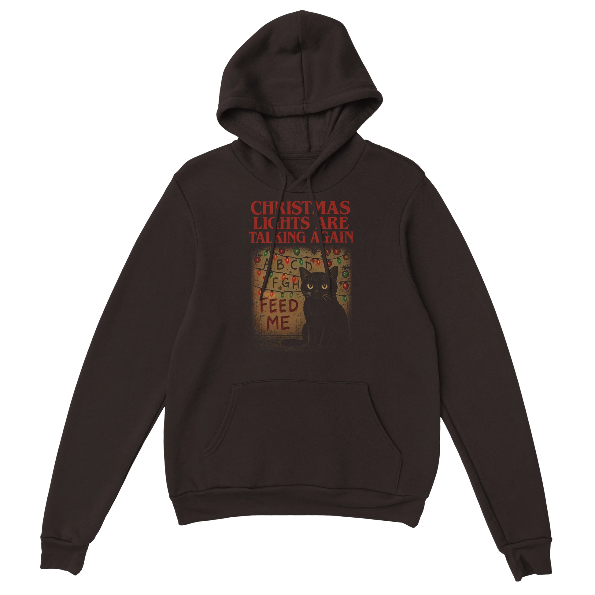 Brown hoodie featuring a black cat tangled in festive lights with the phrase "Christmas Lights Are Talking Again". Dark humor holiday design.