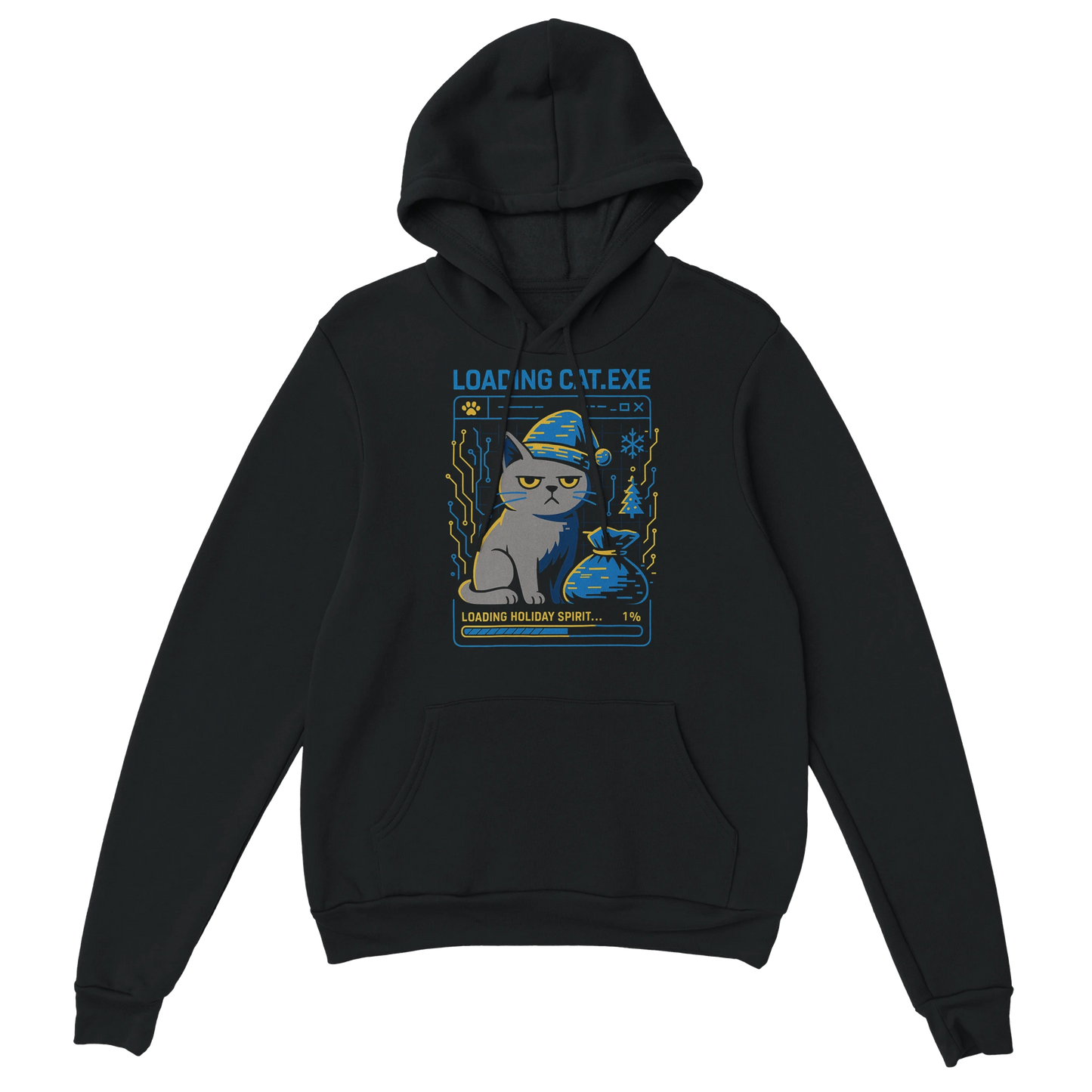 Black hoodie with glitchy cat Christmas design and Loading CAT.exe text. Tech humor meets festive chaos.