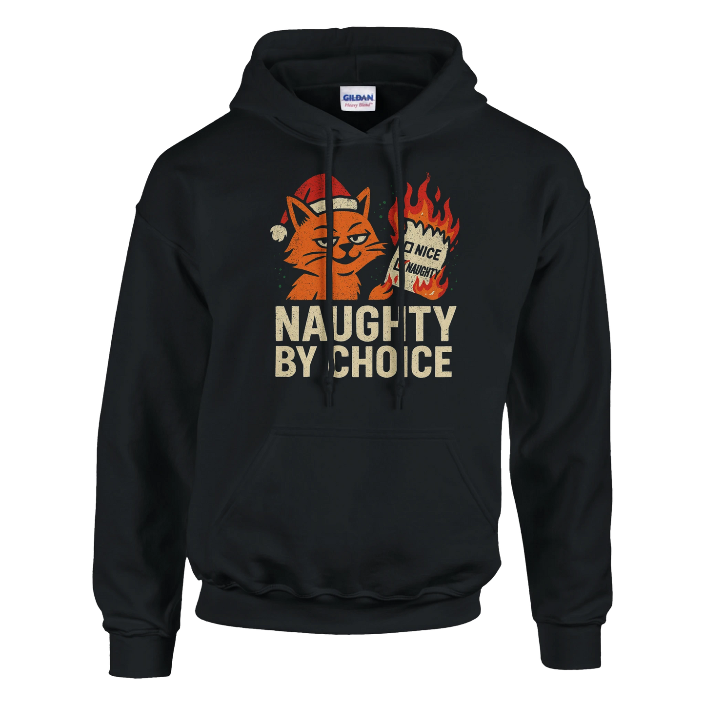 Black hoodie with cartoon orange cat graphic and "Naughty By Choice" text. Anti-Christmas attitude streetwear.