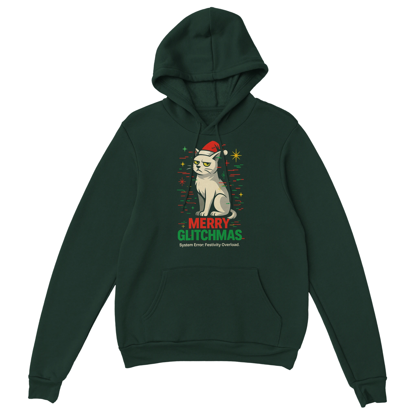 Green hoodie with sarcastic Christmas cat graphic and text "Merry Glitchmas". LazyWhiskers holiday streetwear.