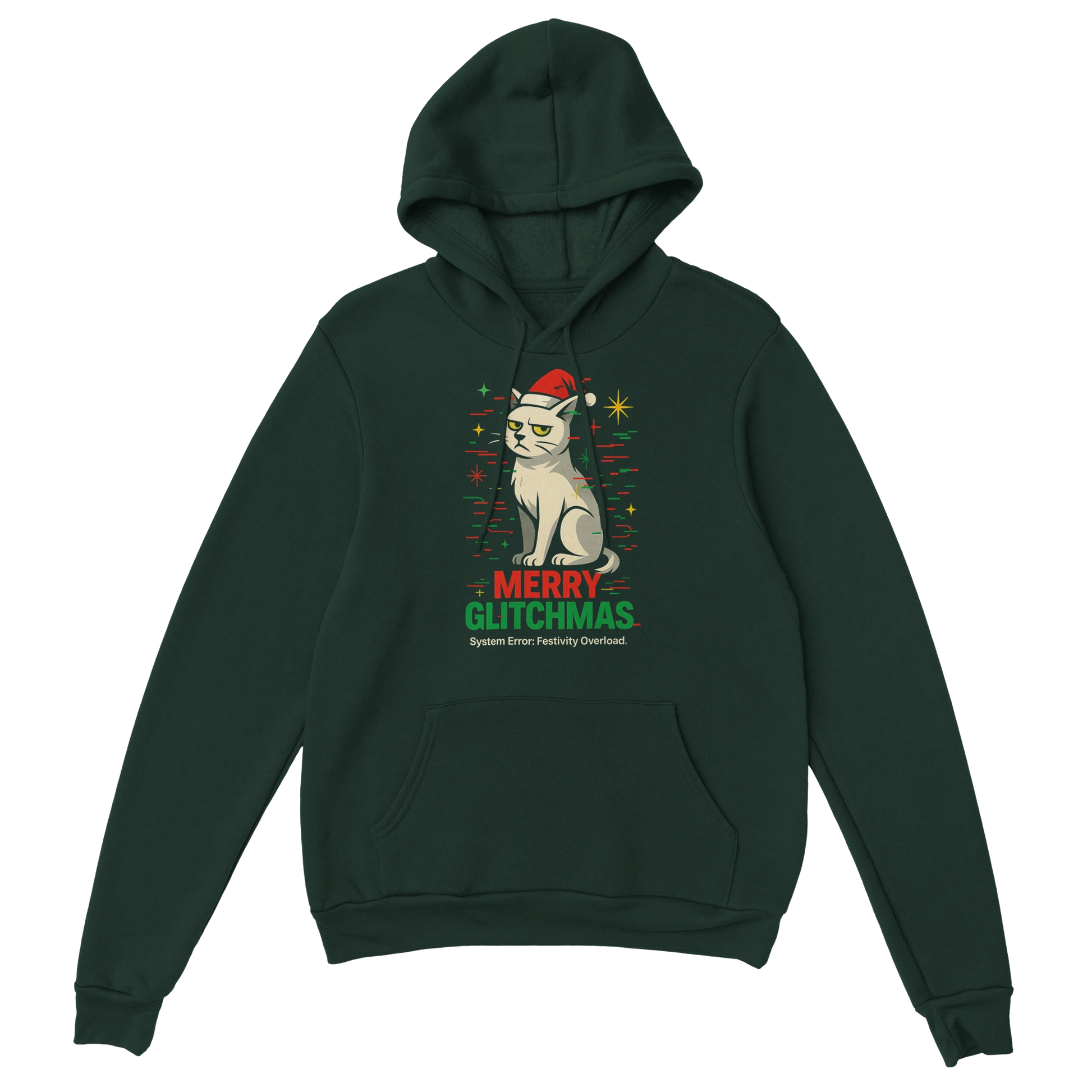 Green hoodie with sarcastic Christmas cat graphic and text "Merry Glitchmas". LazyWhiskers holiday streetwear.