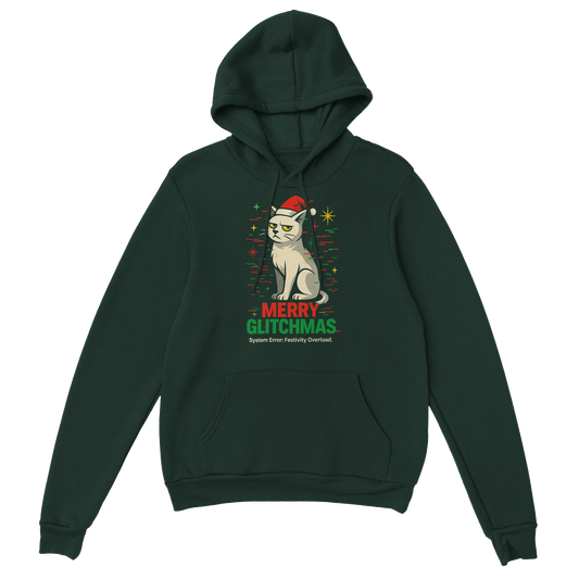 Green hoodie with sarcastic Christmas cat graphic and text "Merry Glitchmas". LazyWhiskers holiday streetwear.