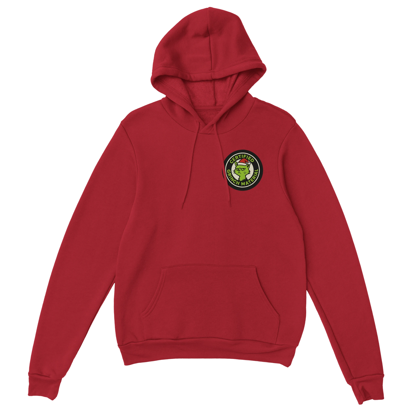 Red hoodie with festive grinch-style cat emblem and sarcastic holiday vibe. Certified Grinch Mate hoodie.