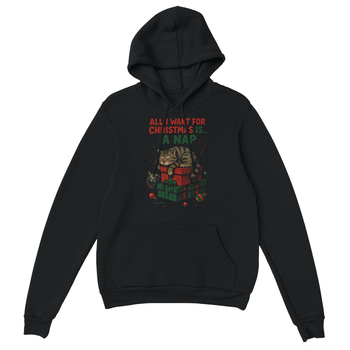 Black hoodie with sleepy Christmas cat graphic and the text "All I Want for Christmas Is a Nap". LazyWhiskers cozy holiday hoodie.