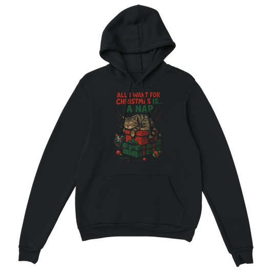 Black hoodie with sleepy Christmas cat graphic and the text "All I Want for Christmas Is a Nap". LazyWhiskers cozy holiday hoodie.