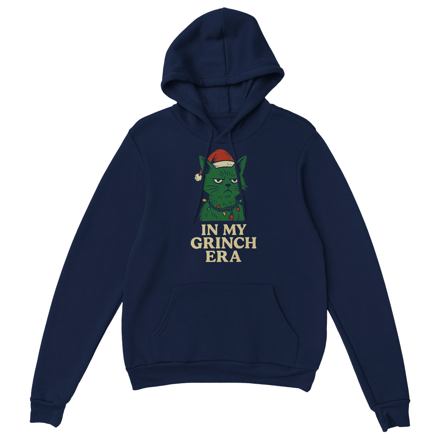 Navy blue ‘In My Grinch Era’ Christmas hoodie with sarcastic Grinch-style cat graphic, front view