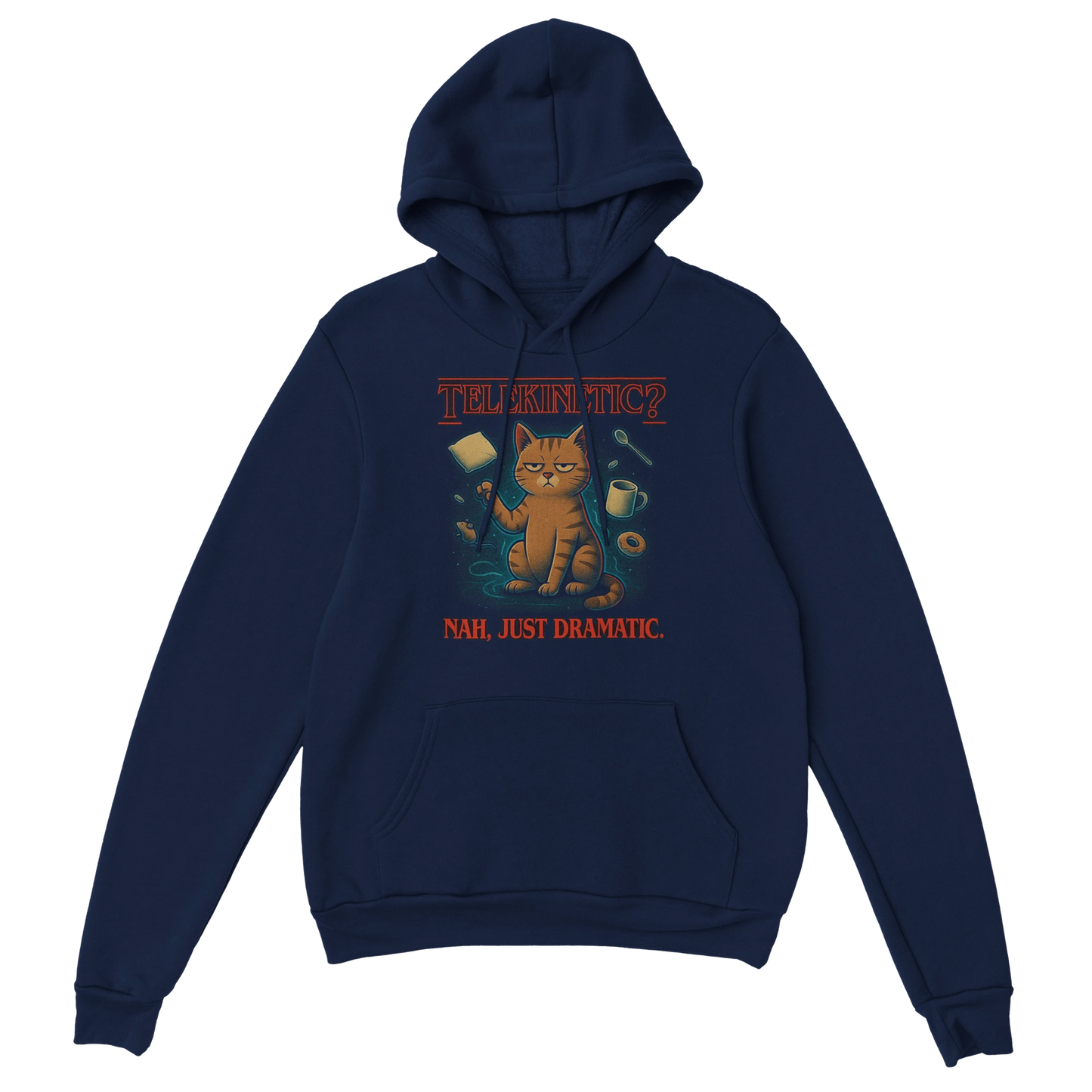 LazyWhiskers “Telekinetic? Nah, Just Dramatic” navy hoodie — retro-inspired cat illustration with floating mugs, dramatic streetwear look.