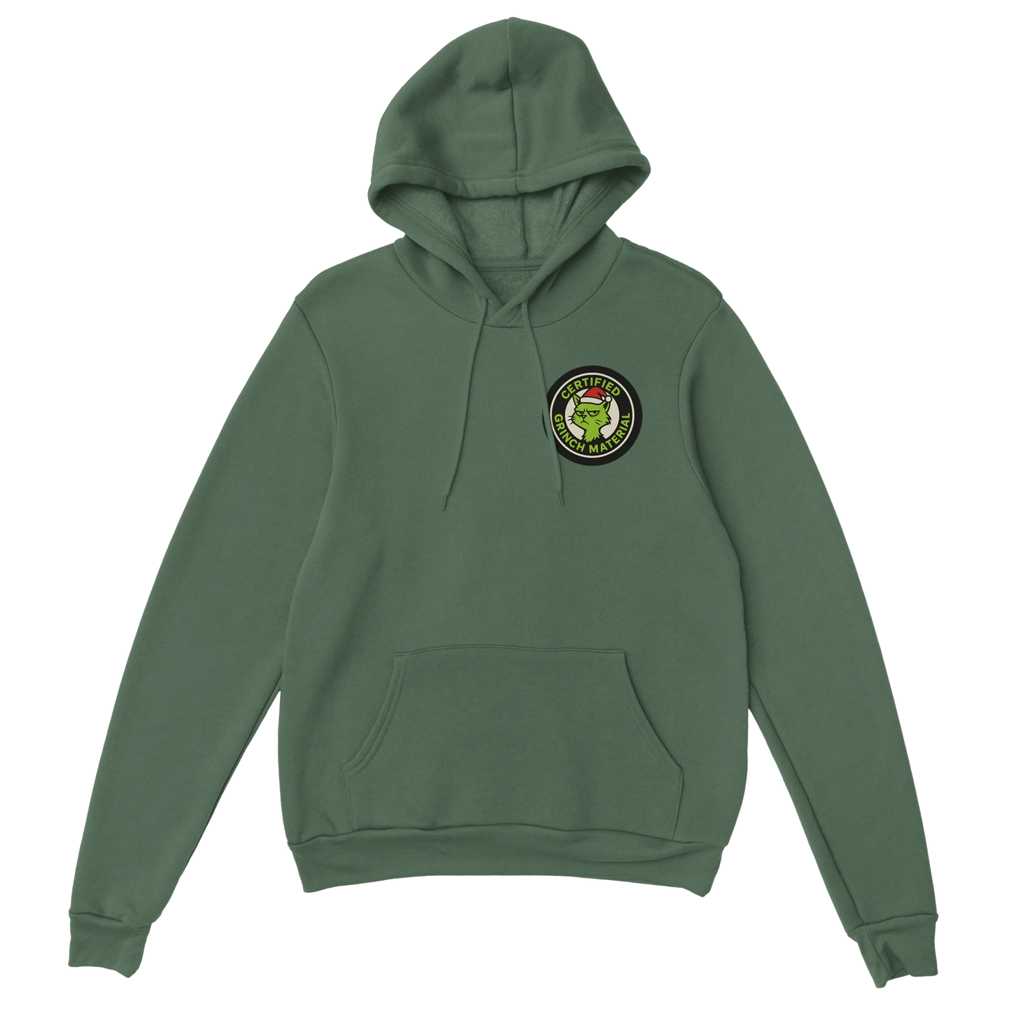 Forest green hoodie with a smug grinch cat patch and playful anti-holiday attitude. Certified Grinch Mate sweatshirt.