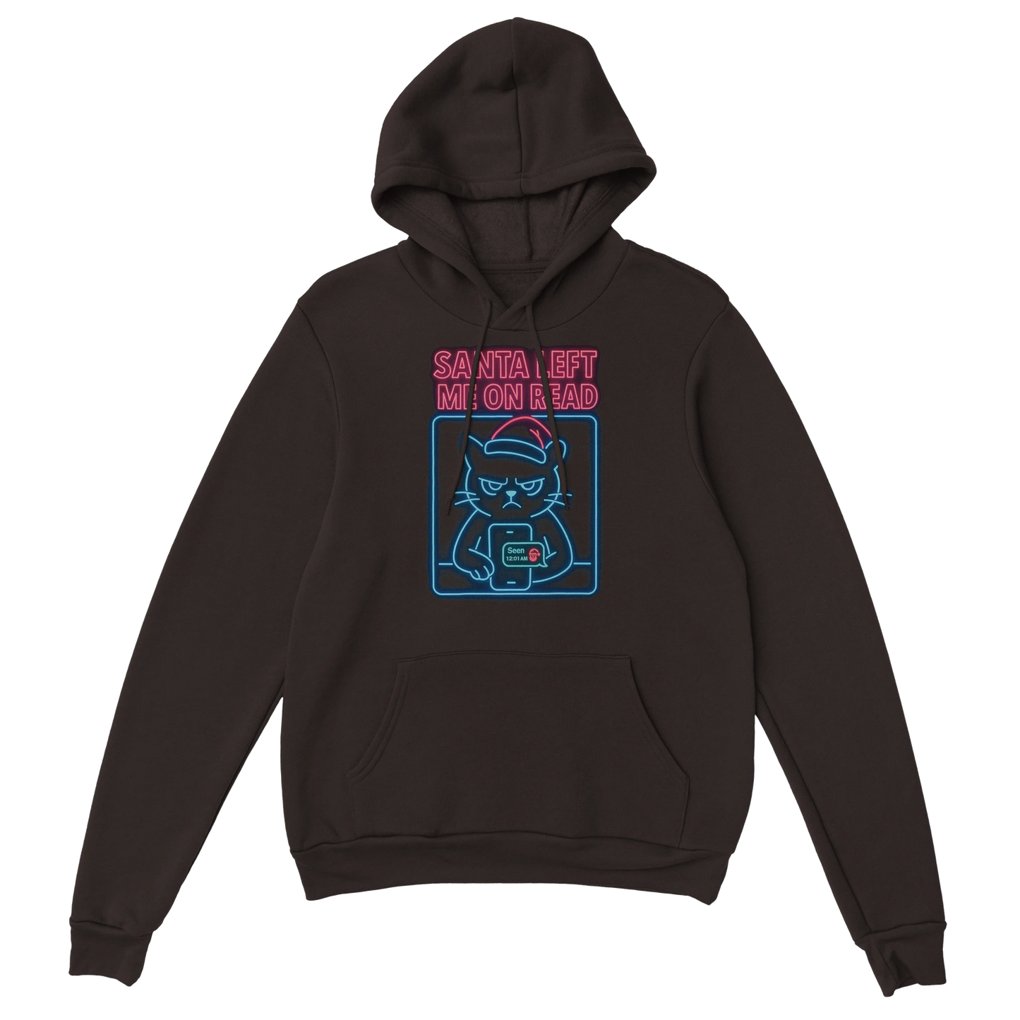 Brown hoodie featuring a moody sunglasses cat and the phrase "Santa Left Me On Read". Festive sarcasm cozy design.