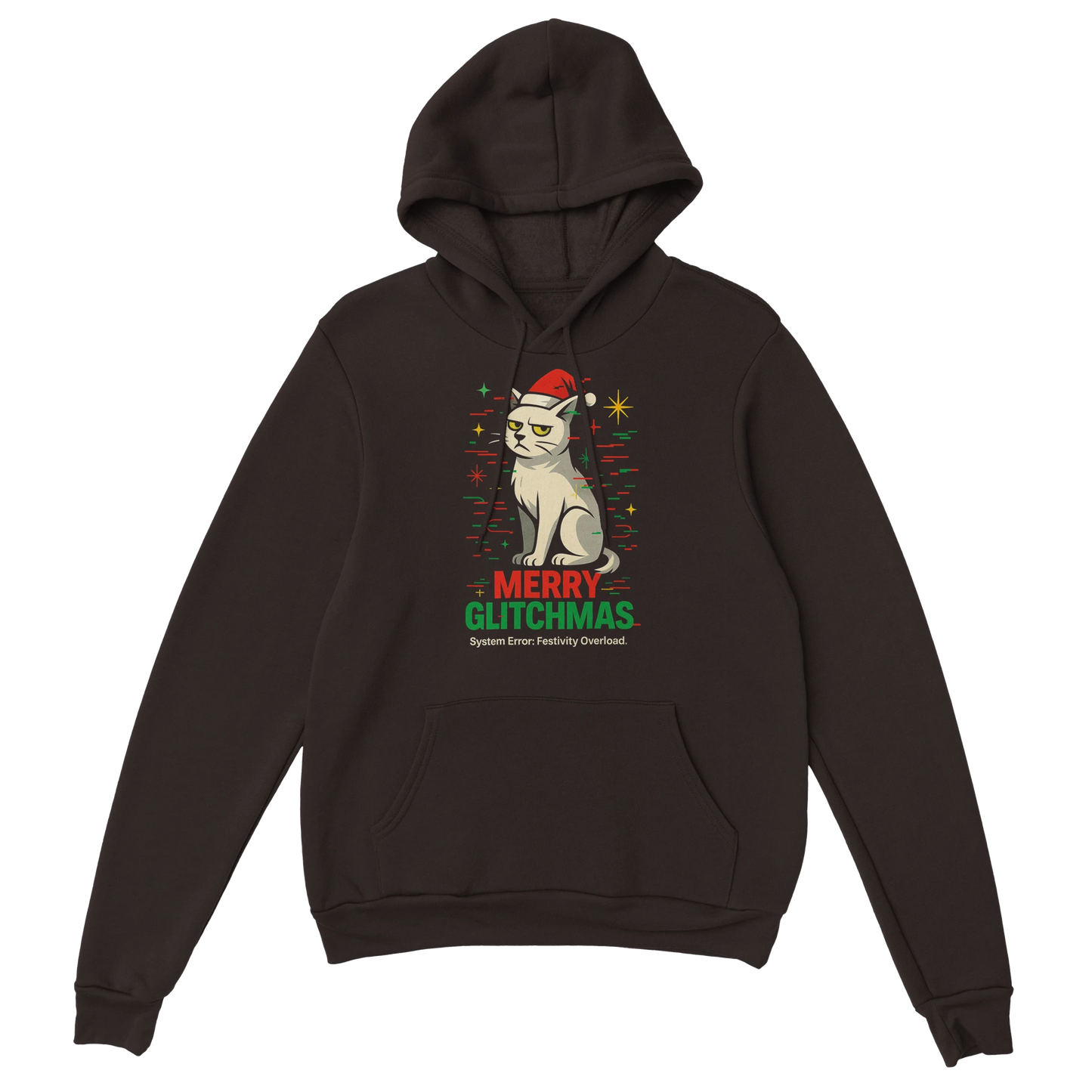 Brown hoodie with holiday cat design and playful Christmas sarcasm. LazyWhiskers cozy streetwear.