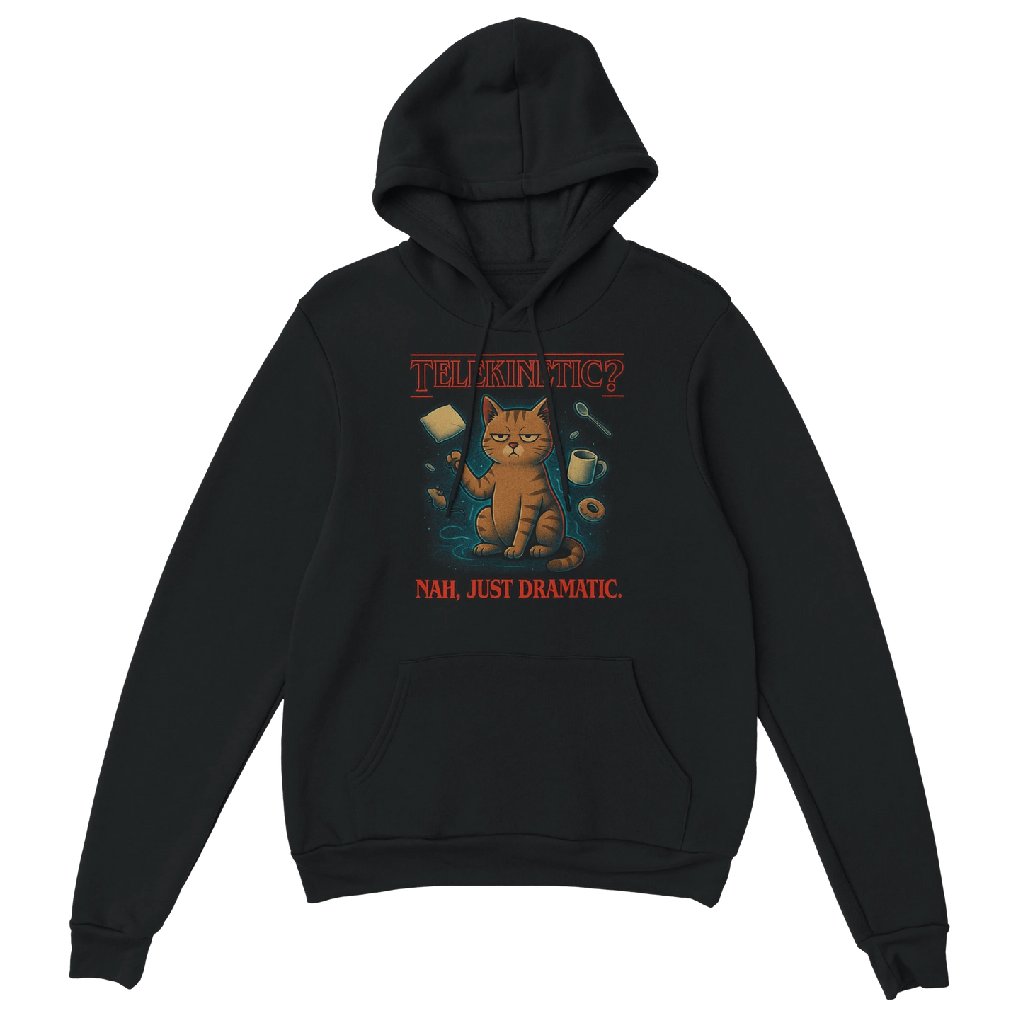 LazyWhiskers “Telekinetic? Nah, Just Dramatic” black hoodie — sarcastic cat graphic with glowing eyes and floating mugs, limited edition streetwear.