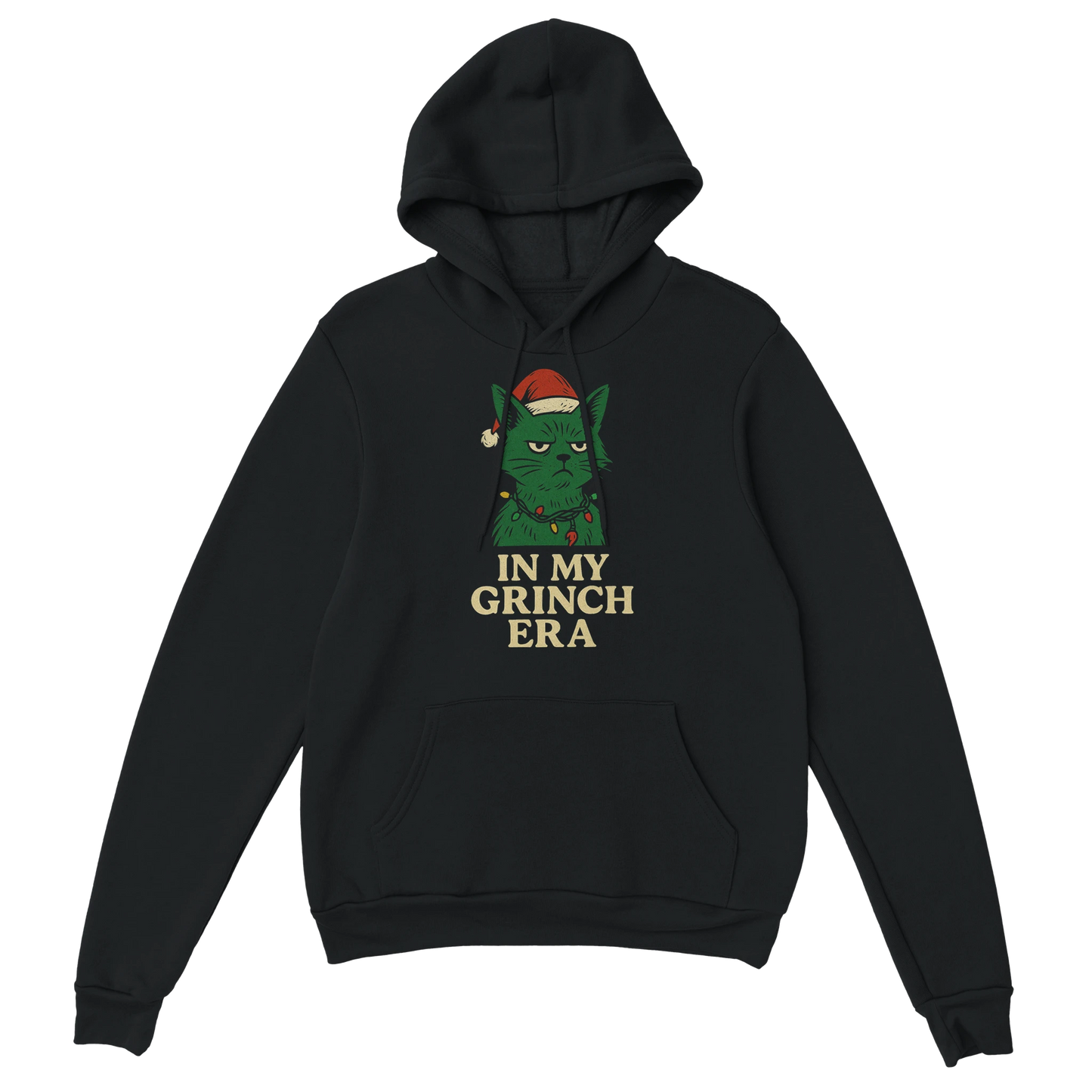 Black ‘In My Grinch Era’ Christmas hoodie featuring Grinch-inspired cat illustration, front view.