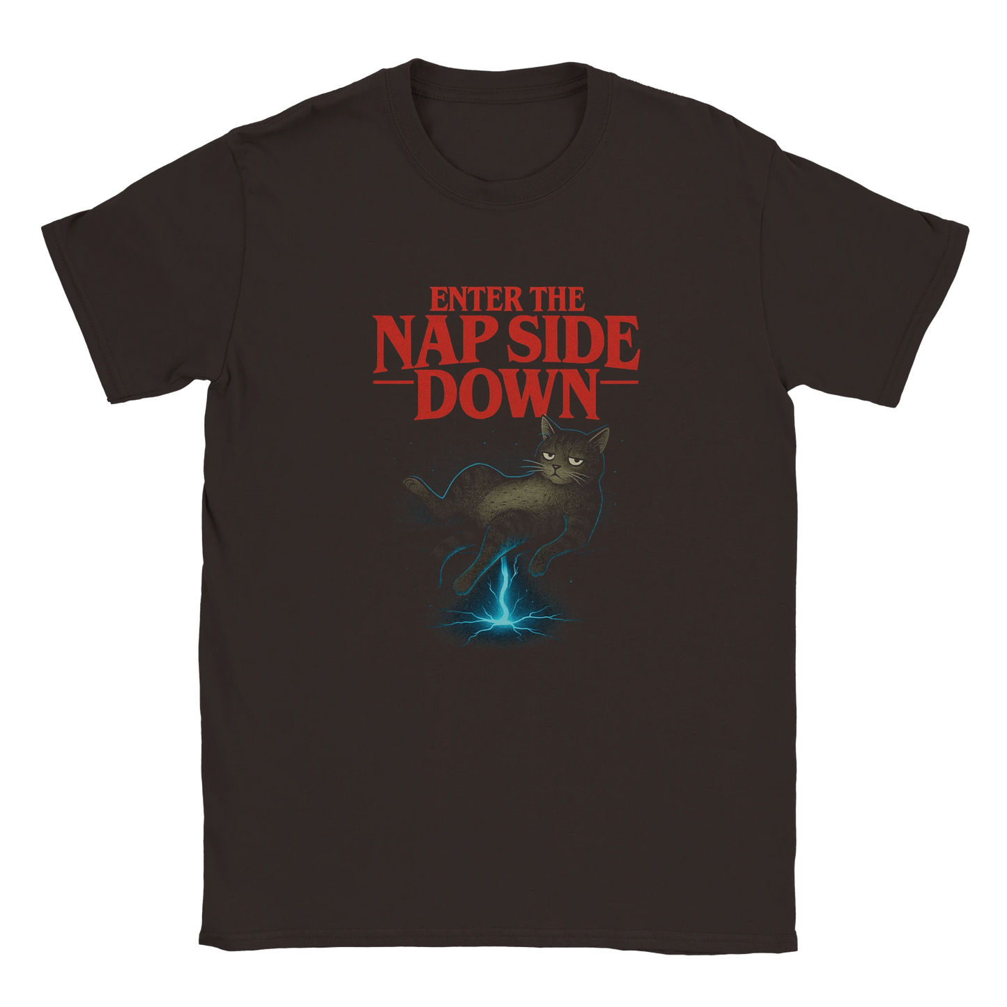 LazyWhiskers “Enter the Nap Side Down” limited edition brown t-shirt — sarcastic cat design with vintage red typography and eerie blue portal illustration.