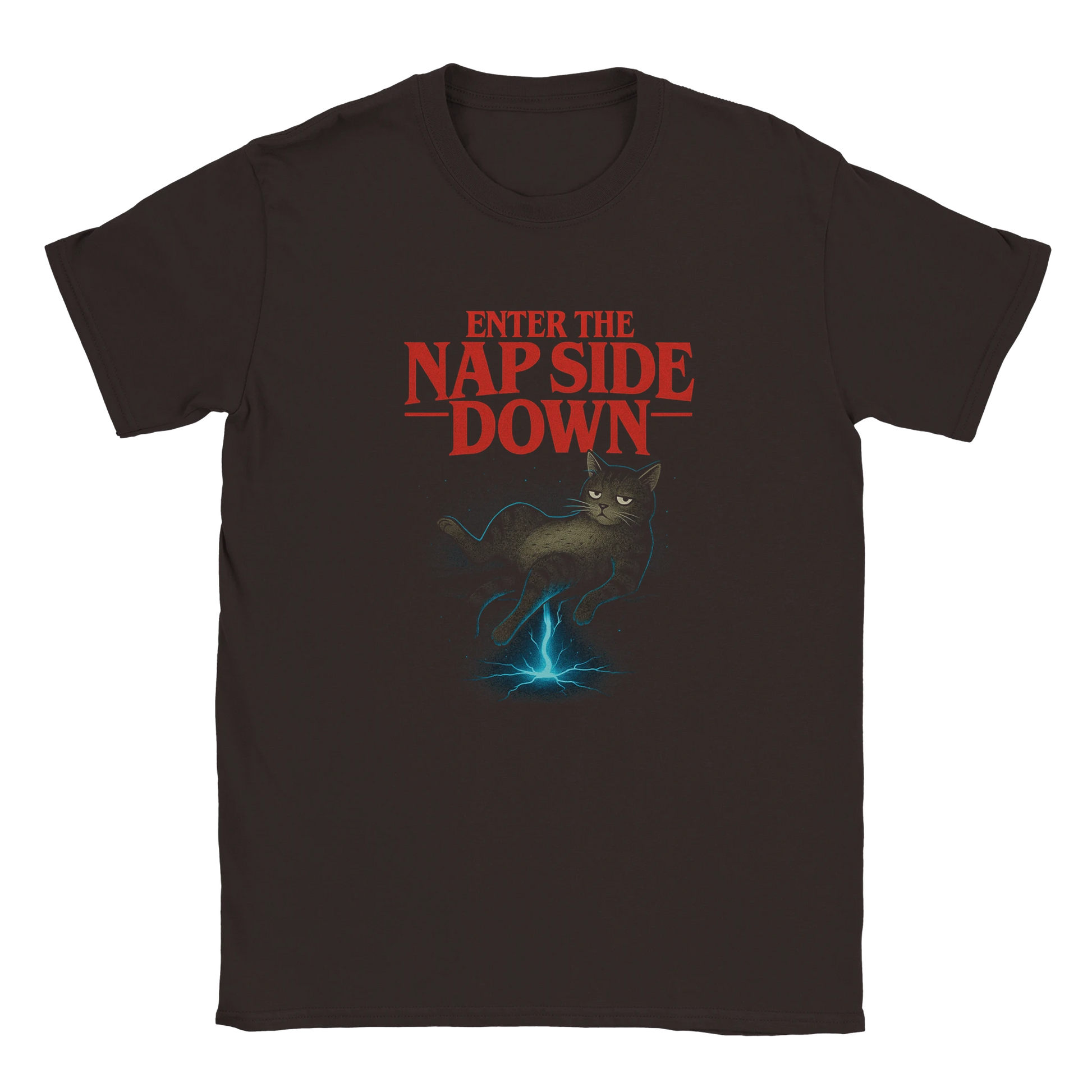 LazyWhiskers “Enter the Nap Side Down” limited edition brown t-shirt — sarcastic cat design with vintage red typography and eerie blue portal illustration.