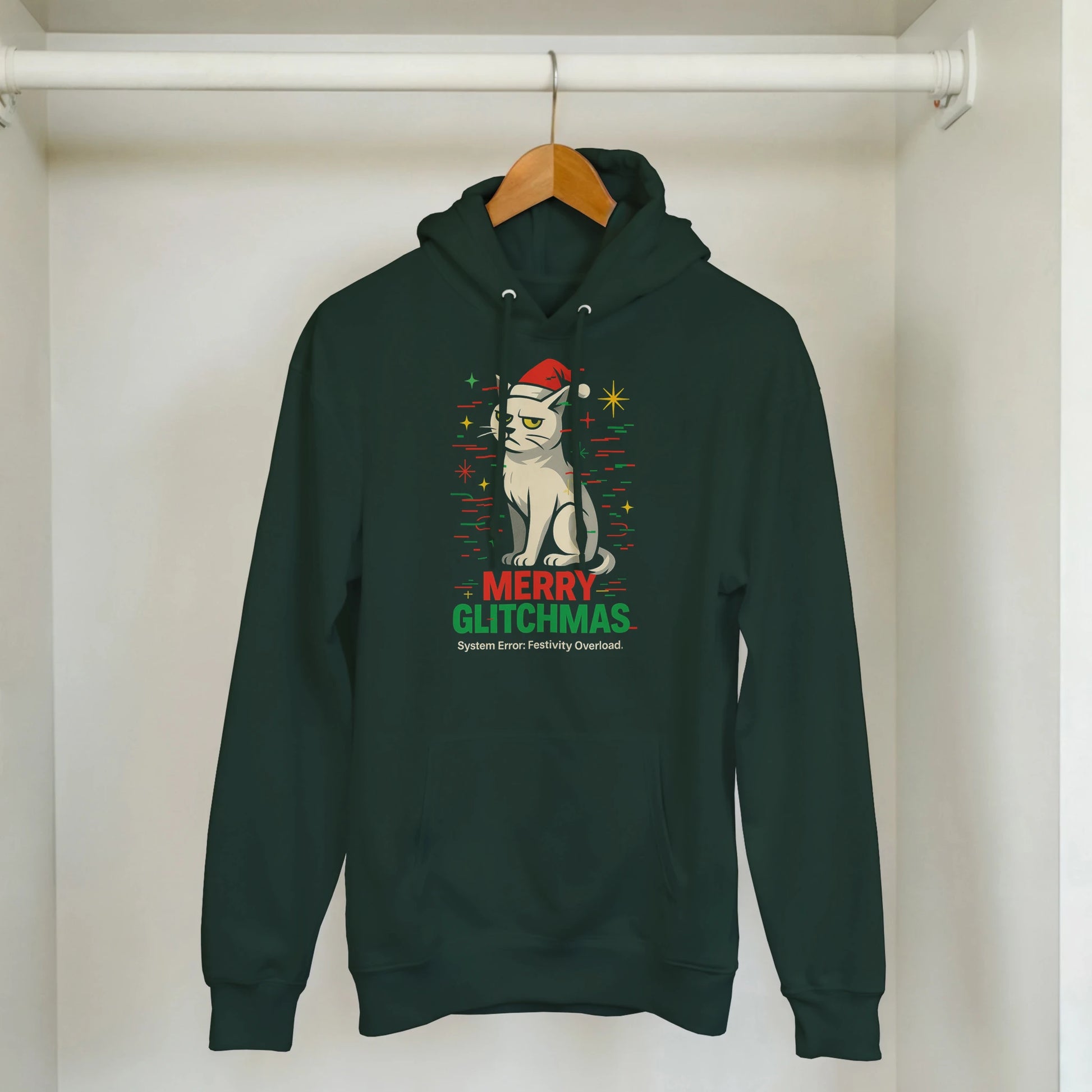 Merry Glitchmas hoodie on hanger. Dark green sweatshirt with sarcastic Christmas cat design.