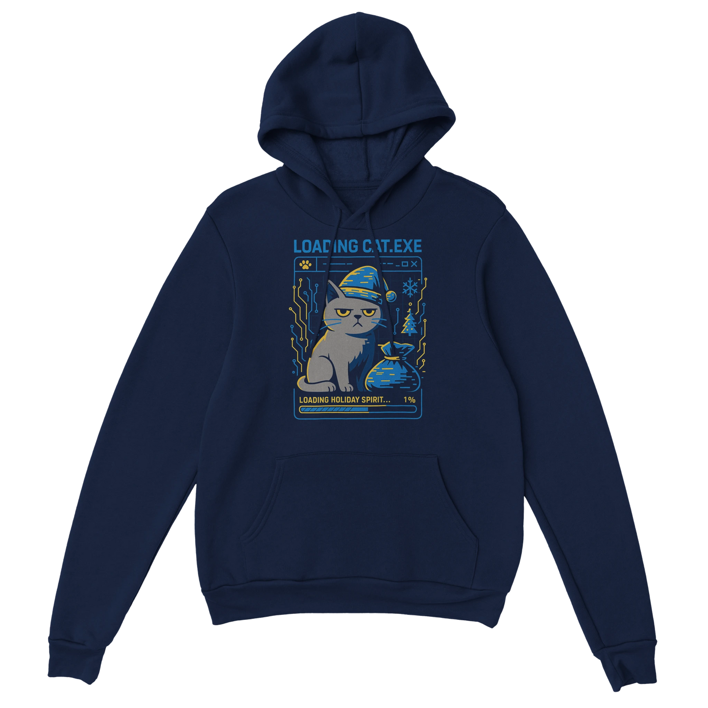 Navy hoodie with a digital glitch Christmas cat illustration and Loading CAT.exe text. Cozy tech-inspired holiday design.