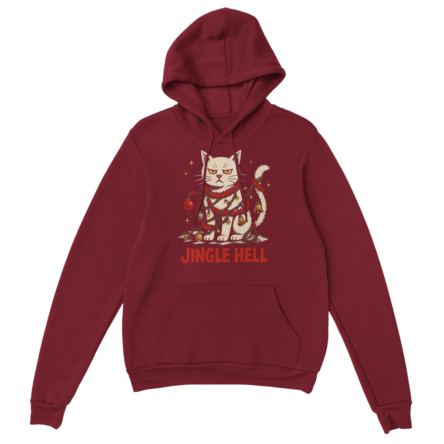 Red hoodie with a sarcastic Christmas cat tangled in holiday lights and the text "Jingle Hell". LazyWhiskers festive streetwear.