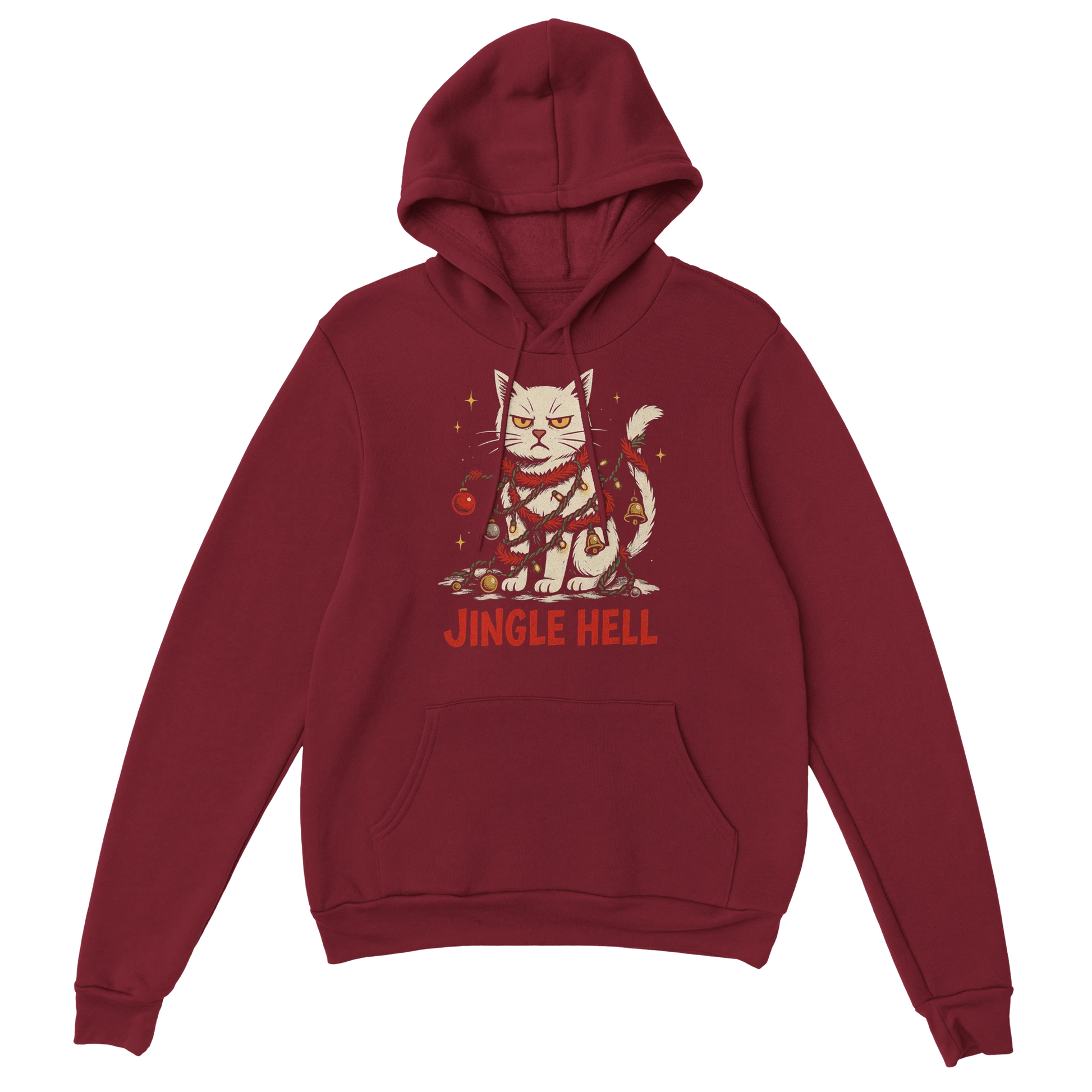 Red hoodie with a sarcastic Christmas cat tangled in holiday lights and the text "Jingle Hell". LazyWhiskers festive streetwear.