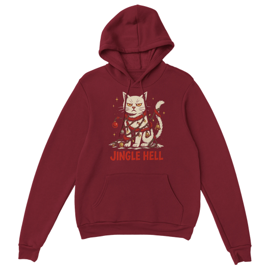 Red hoodie with a sarcastic Christmas cat tangled in holiday lights and the text "Jingle Hell". LazyWhiskers festive streetwear.