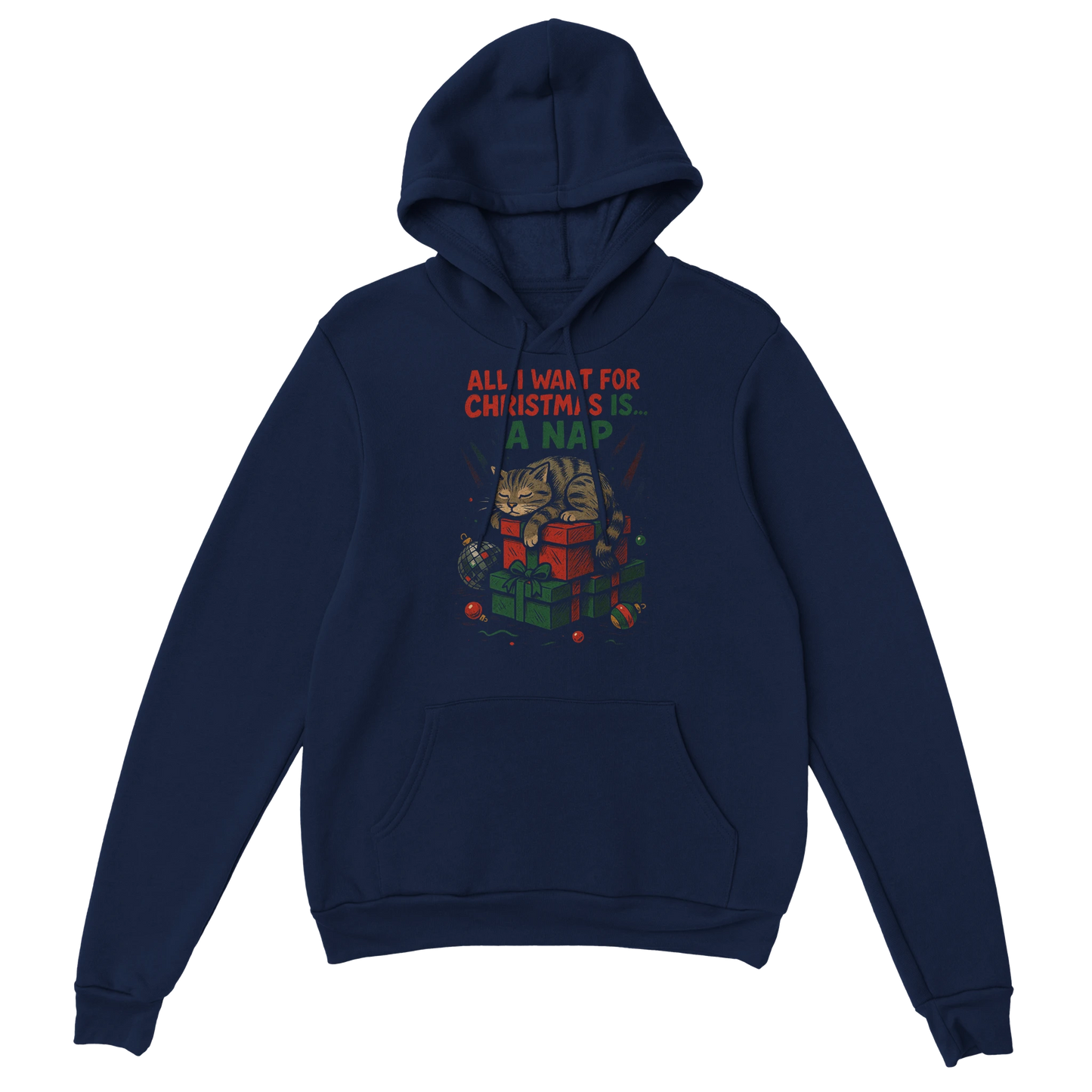Navy hoodie with a sleepy Christmas cat graphic and ironic anti-holiday slogan. LazyWhiskers festive loungewear.