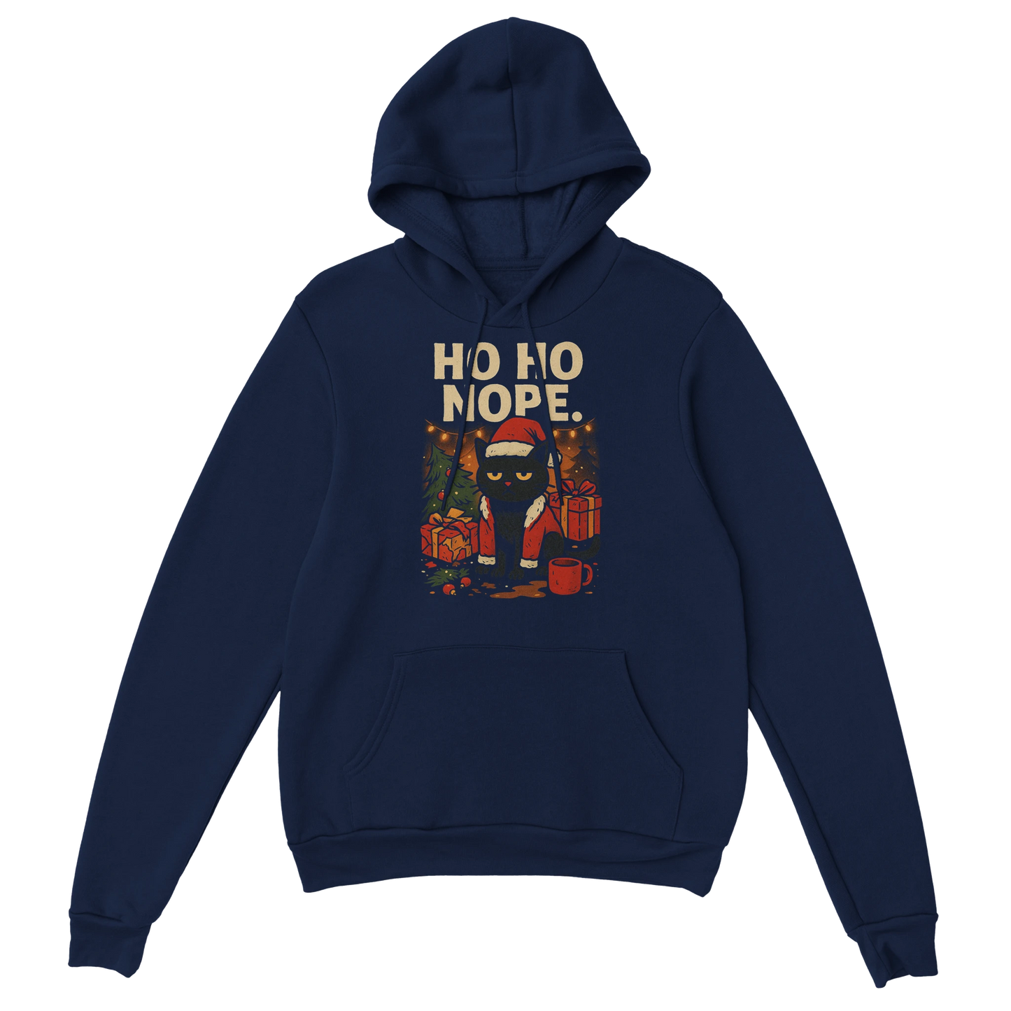 Navy blue ‘Ho Ho Nope’ Christmas hoodie with sarcastic grumpy cat holiday illustration, front view.
