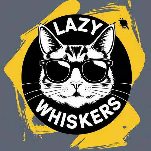 Logo with a cat wearing sunglasses and 'Lazy Whiskers' text on a yellow and black background