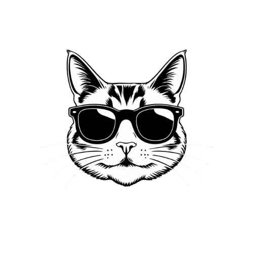 Black and white illustration of a cat wearing sunglasses on a white background by LazyWhiskers