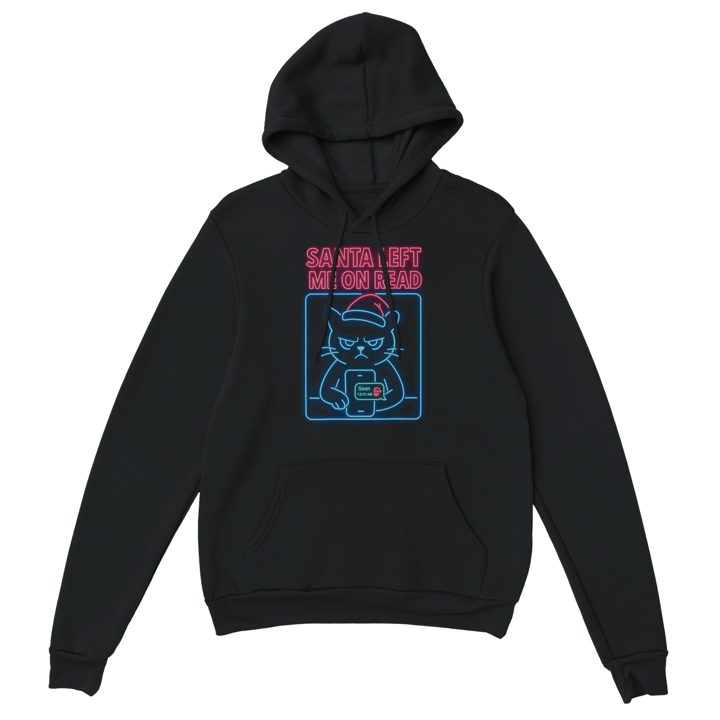 Black hoodie with neon-style grumpy cat graphic and "Santa Left Me On Read" text. Anti-Christmas attitude streetwear.