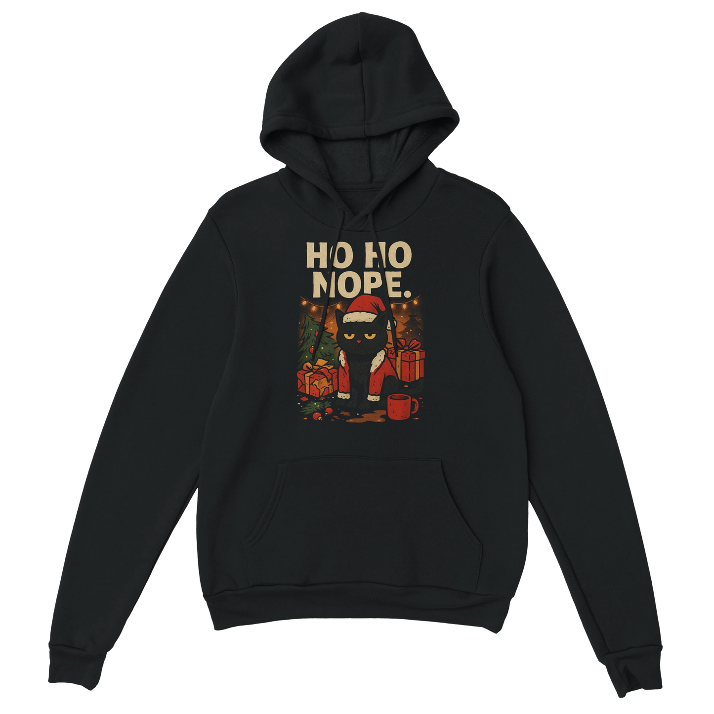 Black ‘Ho Ho Nope’ Christmas hoodie with grumpy cat illustration and sarcastic holiday design, front view.