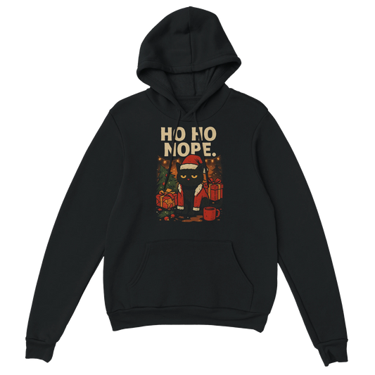 Black ‘Ho Ho Nope’ Christmas hoodie with grumpy cat illustration and sarcastic holiday design, front view.