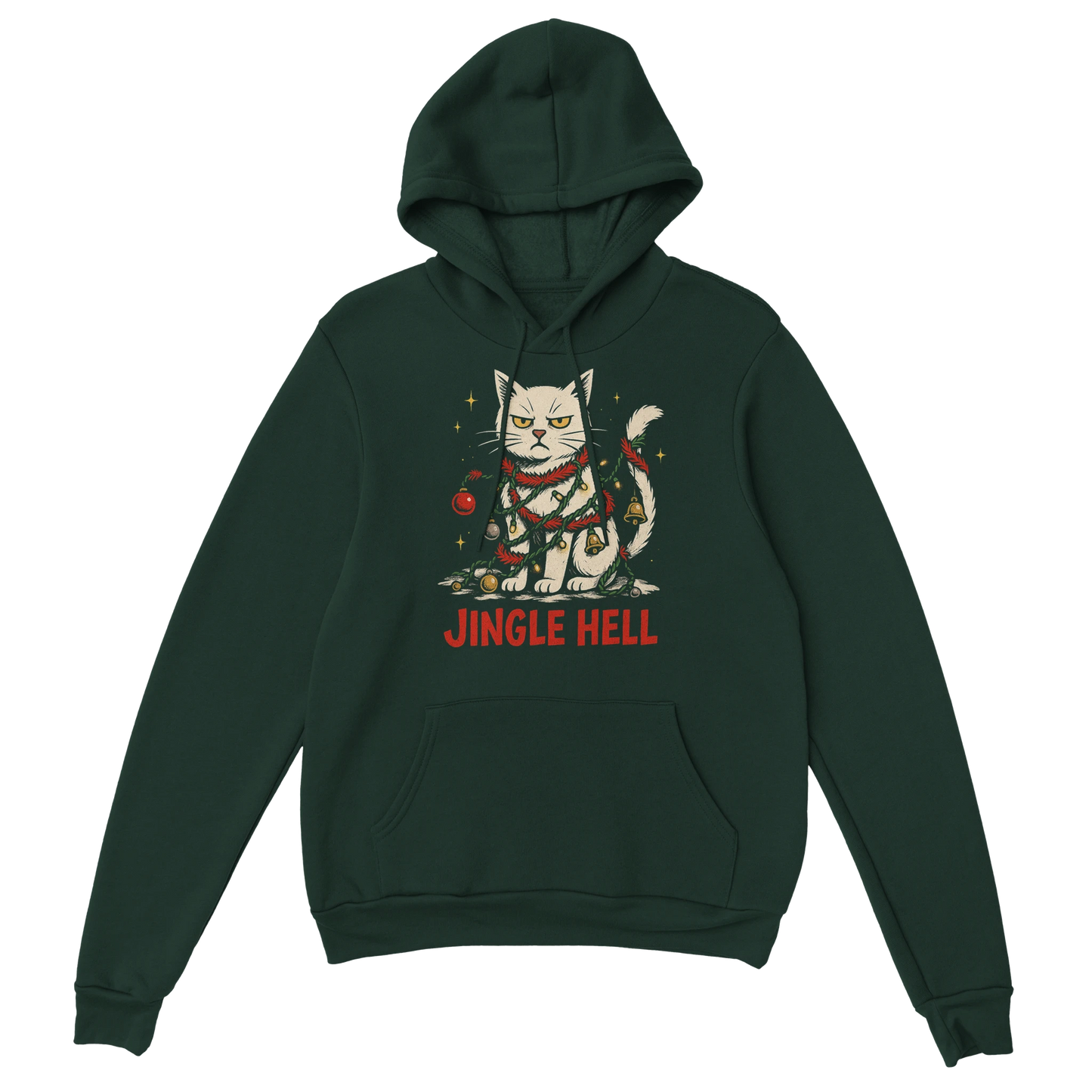 Green hoodie with sarcastic Christmas cat tangled in lights and "Jingle Hell" text. Anti-Christmas streetwear style.