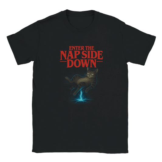LazyWhiskers “Enter the Nap Side Down” limited edition black t-shirt — retro cat graphic with red lettering and glowing blue portal, 80s-inspired design.