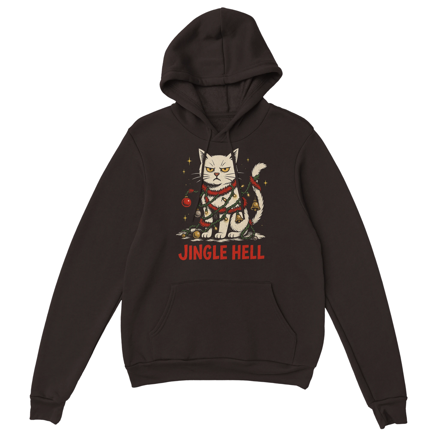 Brown hoodie featuring a grumpy Christmas cat wrapped in lights and the text "Jingle Hell". Sarcastic holiday sweatshirt.