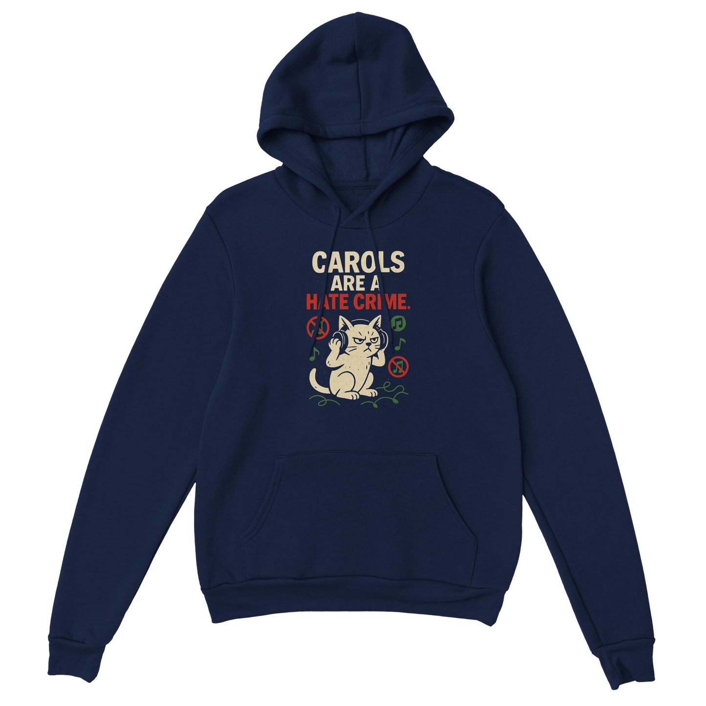 Navy hoodie with grumpy cat Christmas artwork and humorous anti-carol text. LazyWhiskers holiday streetwear.