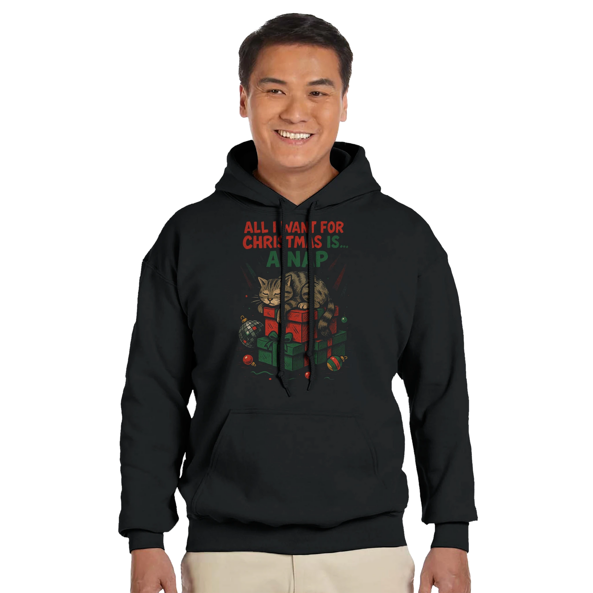 Person wearing the "All I Want for Christmas Is a Nap" hoodie, showing relaxed fit and cozy holiday style.