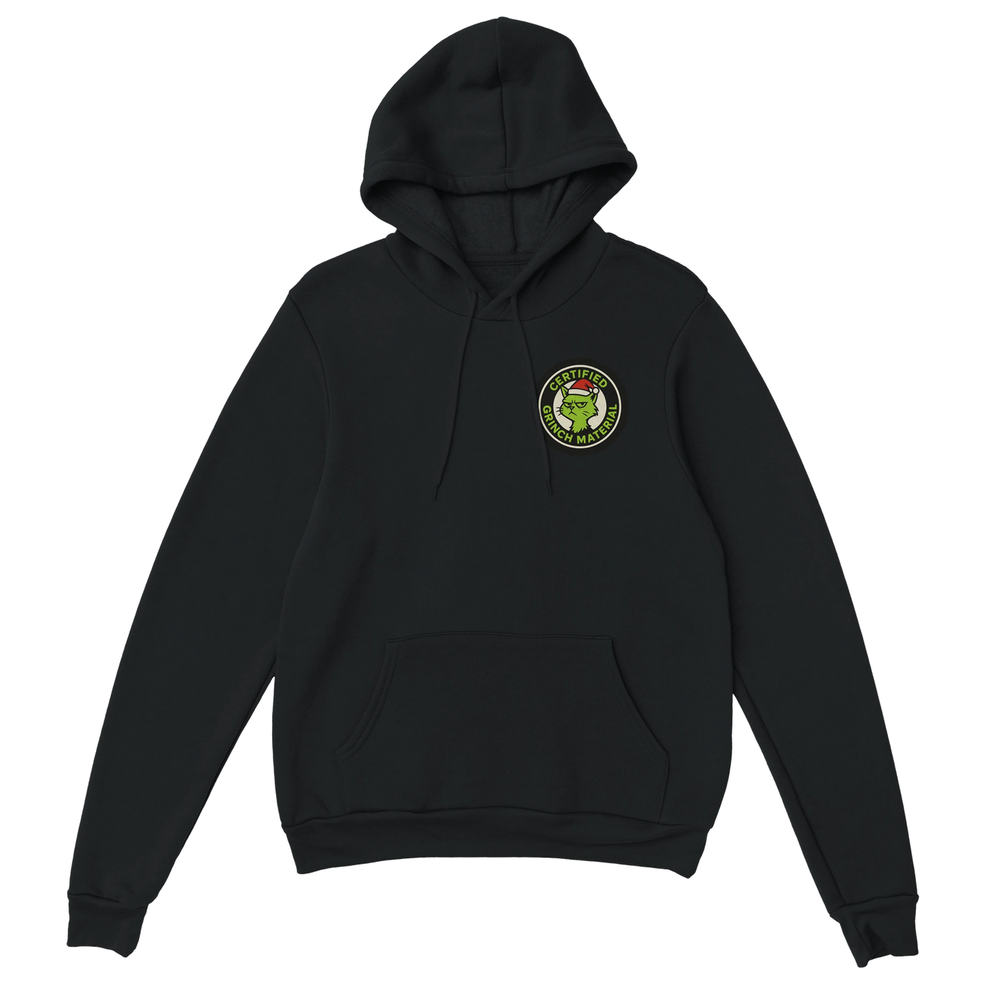 Black hoodie featuring a grumpy green cat badge and anti-Christmas energy. Certified Grinch Mate design.