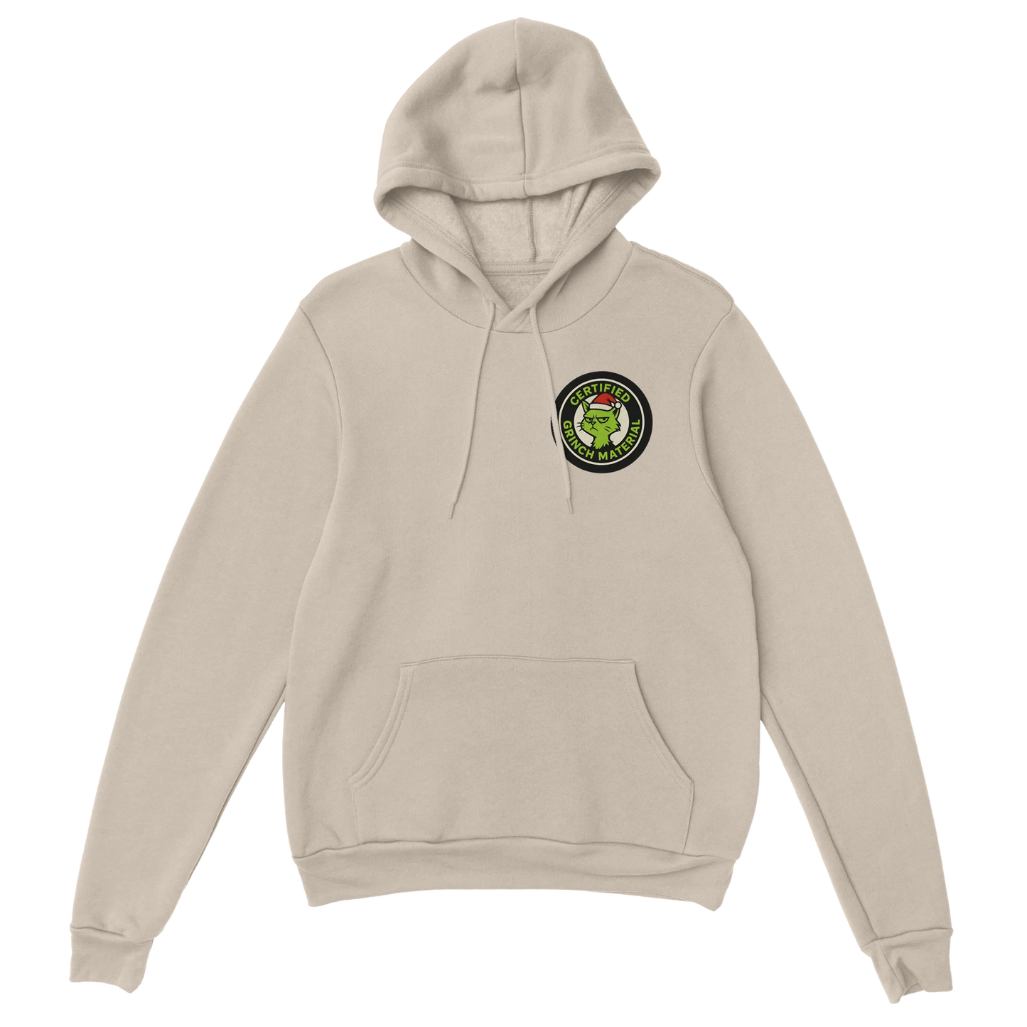 Beige hoodie with a grinchy cat emblem patch on the chest. Certified Grinch Mate sarcastic holiday hoodie.