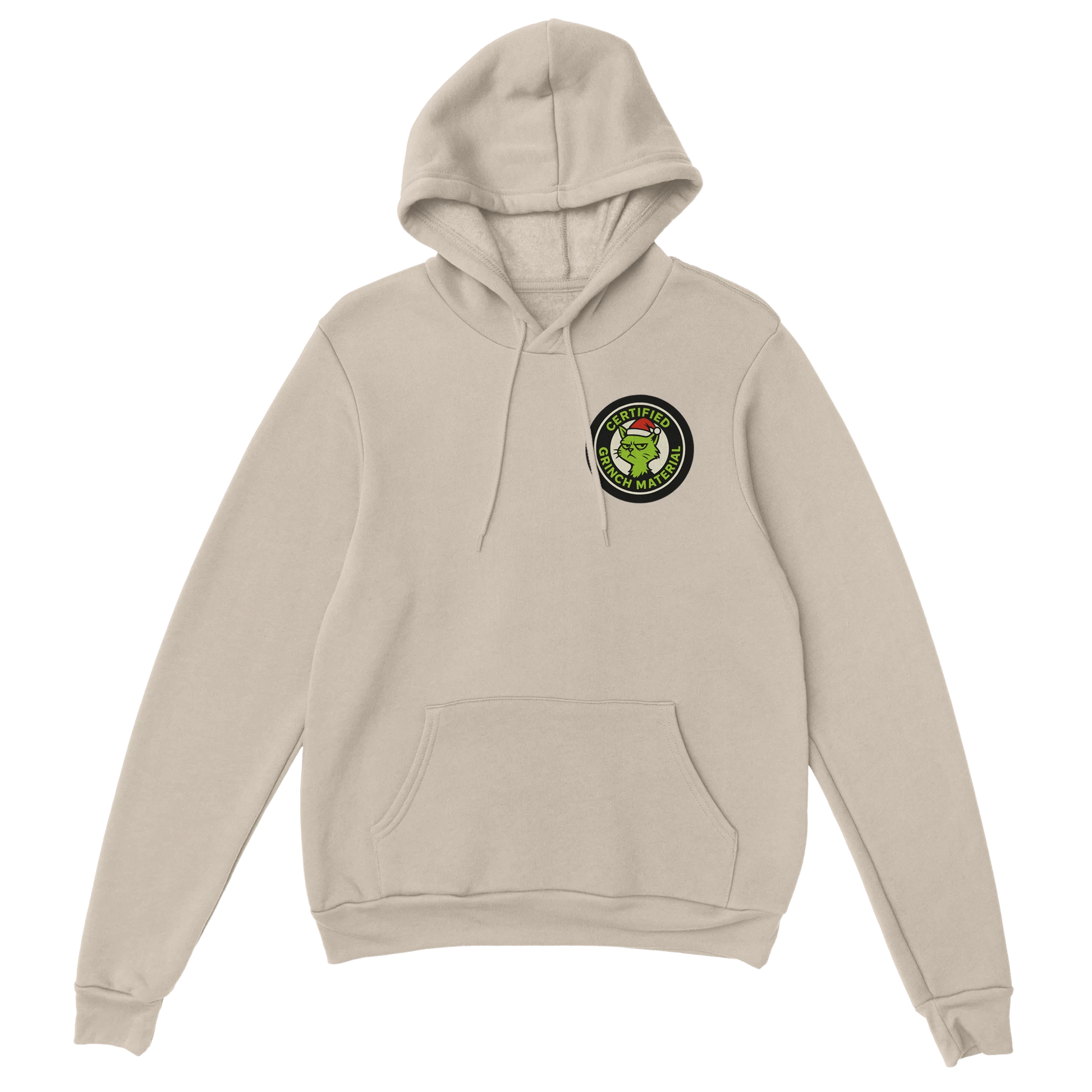 Beige hoodie with a grinchy cat emblem patch on the chest. Certified Grinch Mate sarcastic holiday hoodie.
