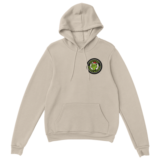Beige hoodie with a grinchy cat emblem patch on the chest. Certified Grinch Mate sarcastic holiday hoodie.