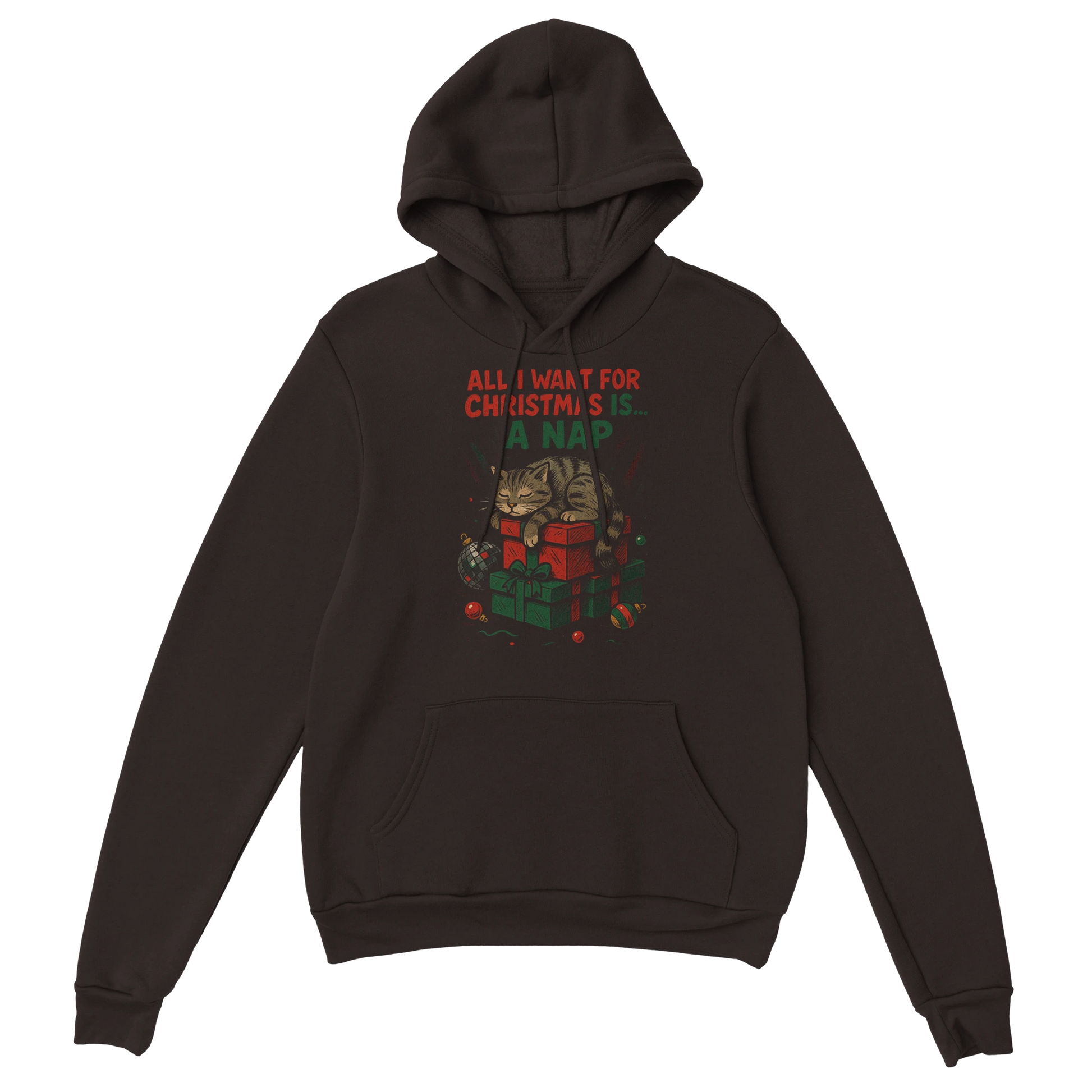 Brown hoodie featuring a tired festive cat illustration and the phrase "All I Want for Christmas Is a Nap". Sarcastic anti-chaos Christmas streetwear.